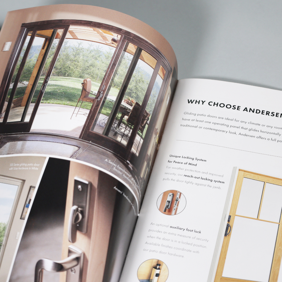 inside spread of brochure showcasing sliding glass doors