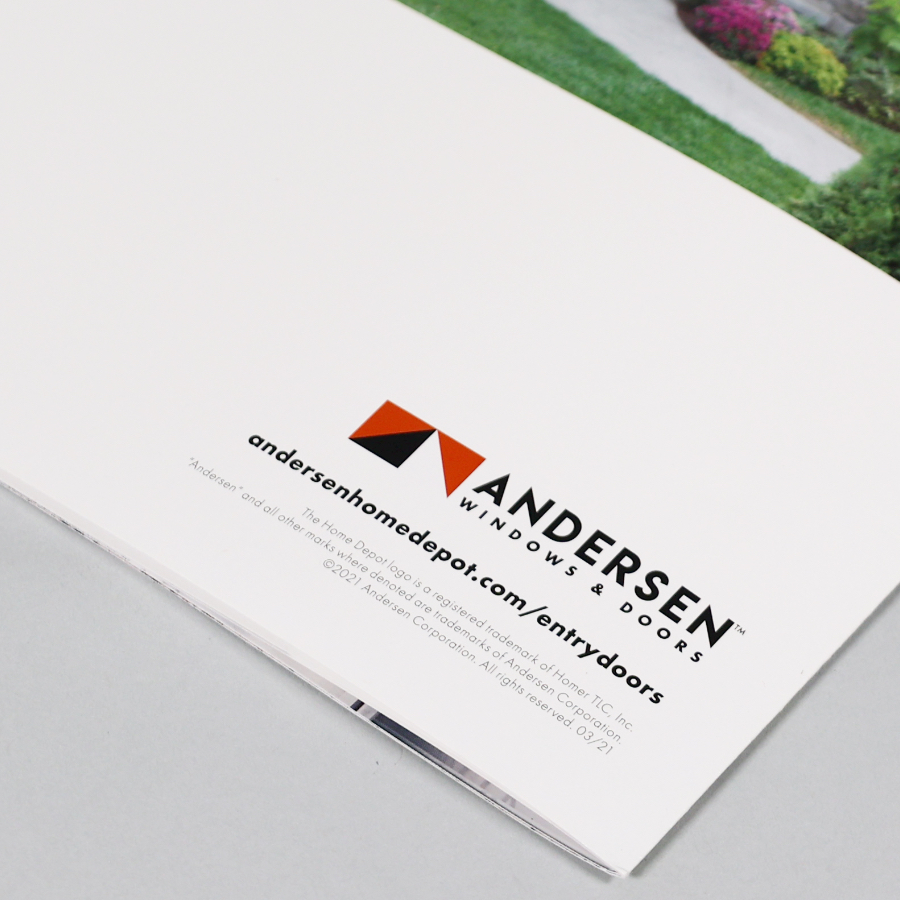 closeup view of the andersen windows logo on back of brochure