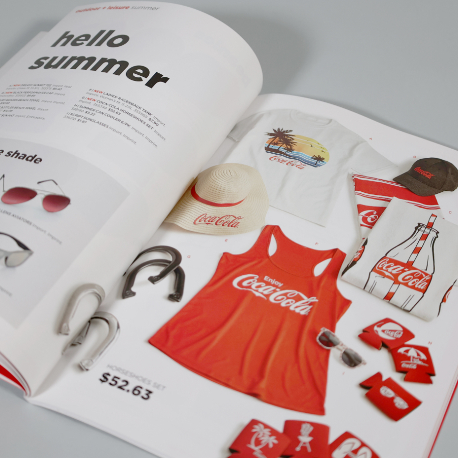 inside spread of Staples Coca-Cola Catalog with visuals of summer apparel