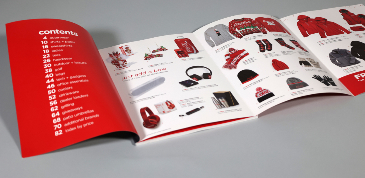 inside full foldout spread of Staples Coca-Cola Catalog with visuals of variable promotional product offerings