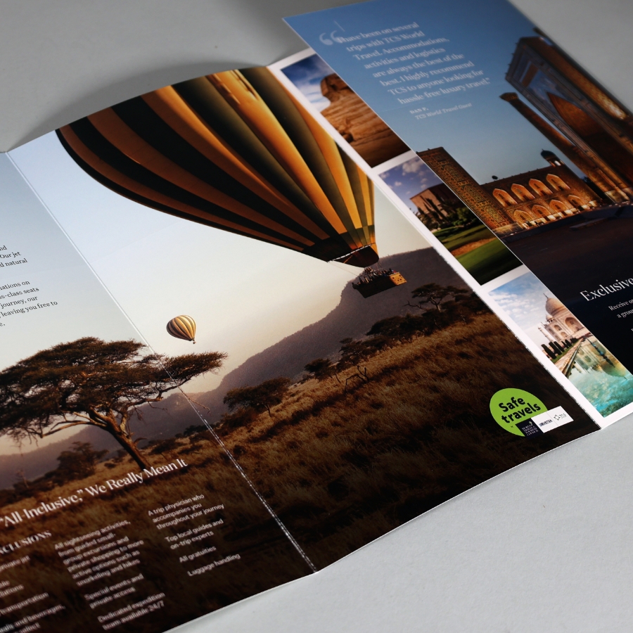 inside spread of Andrew Harper travel brochure showing a flipped out page